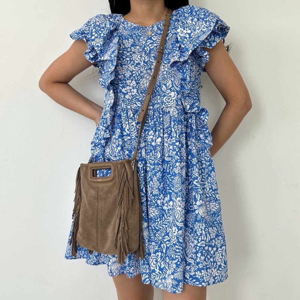 Zara Blue & White Floral Ruffle Sleeve Mini Dress